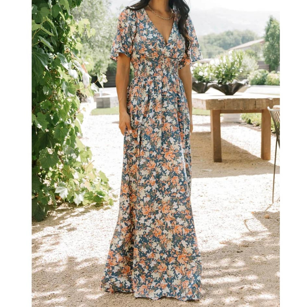 Baltic Born NEW Verona Smocked Maxi Dress Womens Medium Floral Flutter Sleeves